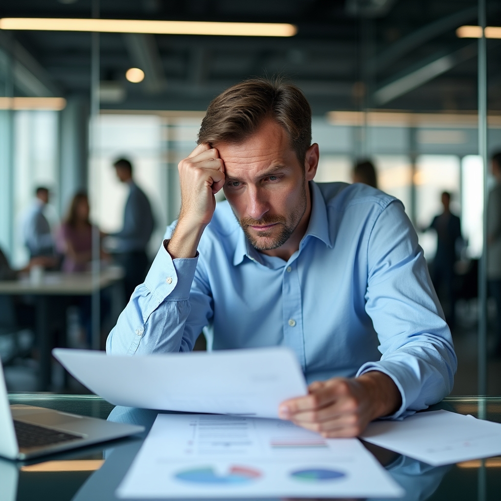 A manager looking frustrated while reviewing a technical document during a team meeting