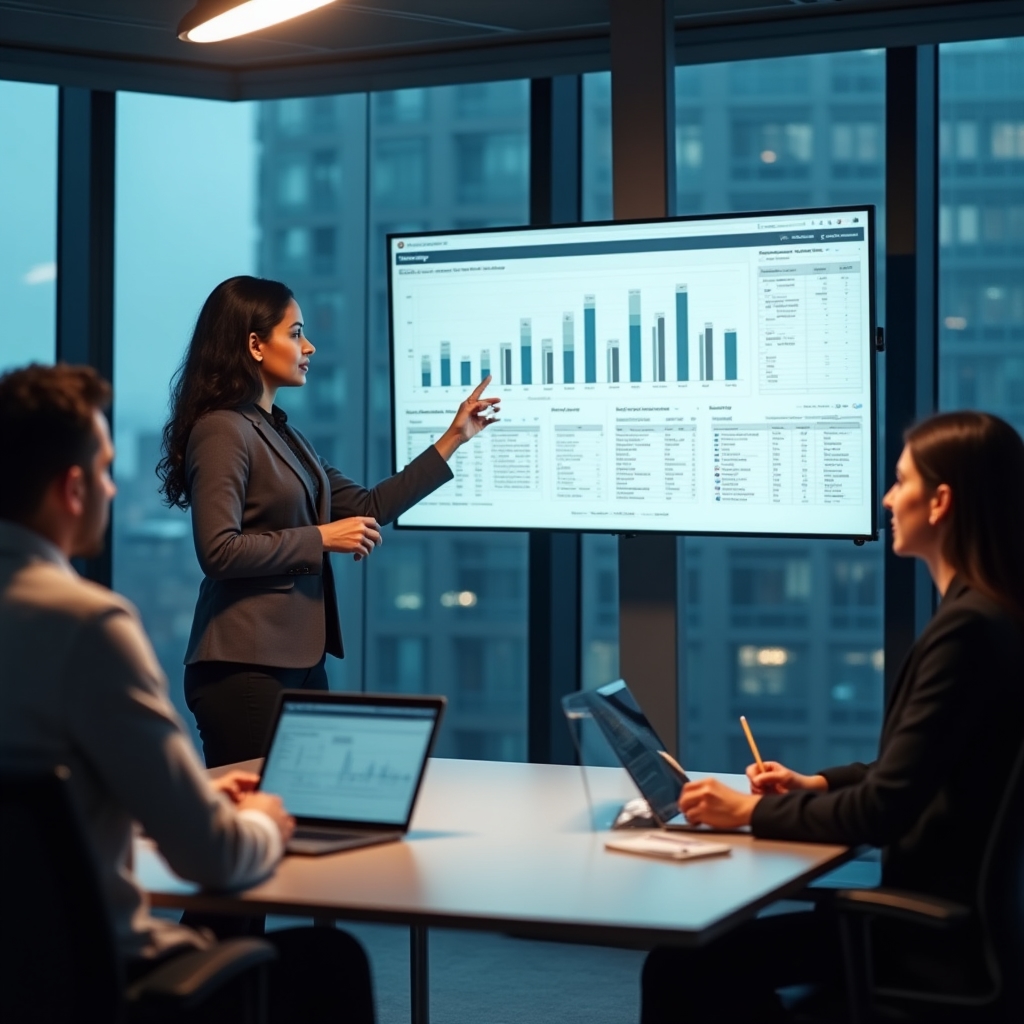 A business analyst presenting data visualizations on a screen to a small group of colleagues in a glass-walled conference room