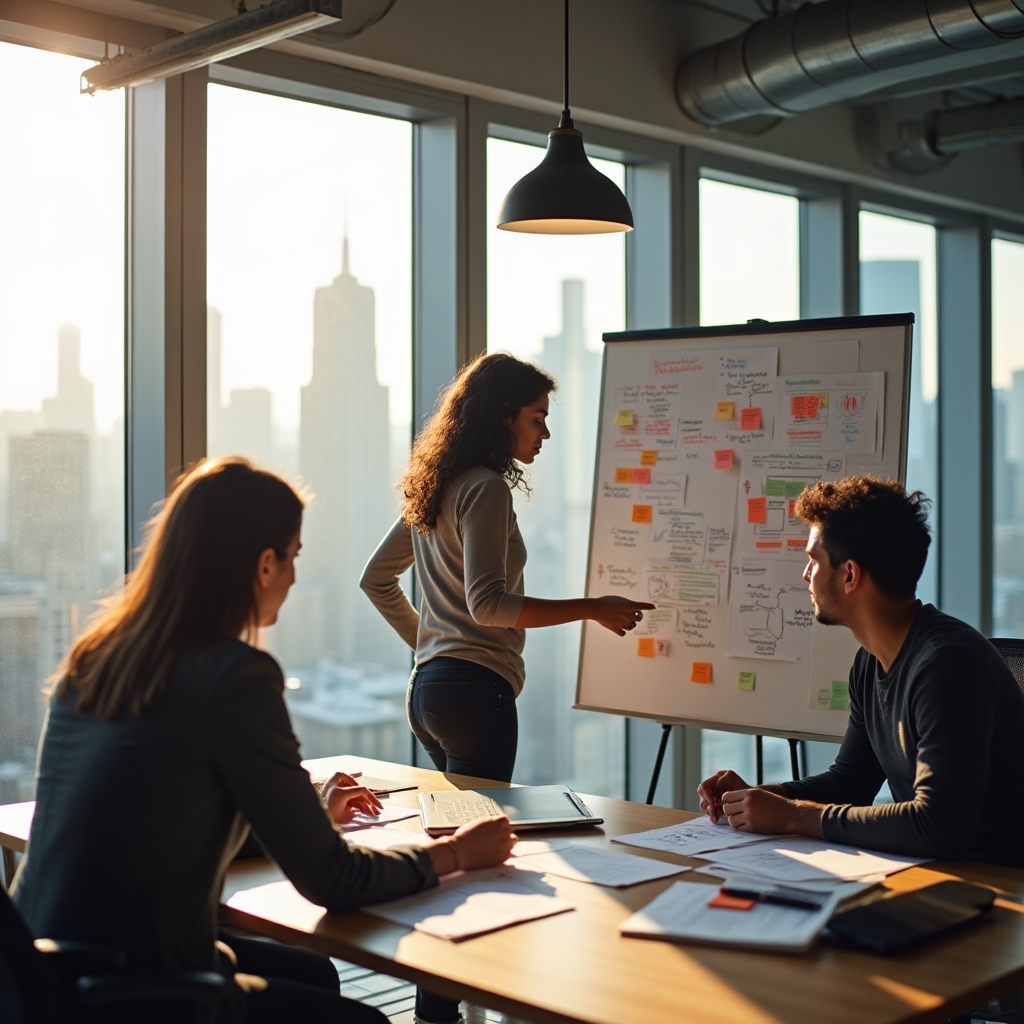 Manager and engineer collaborating at a whiteboard with sticky notes and diagrams