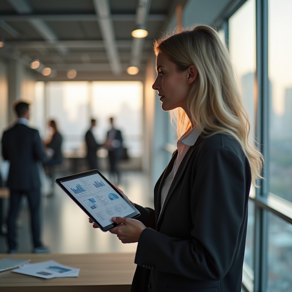 An operations manager reviewing workflow diagrams on a tablet while standing near a window in a contemporary open-plan office